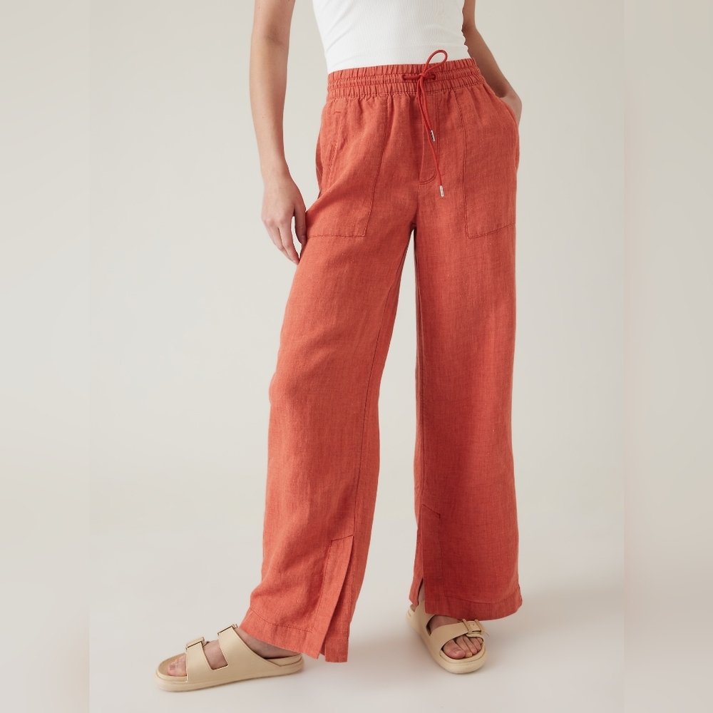 Athleta Retreat Linen Wide Leg Pants Pull On Elastic Pockets Persimmon- Size 18 - Picture 1 of 12